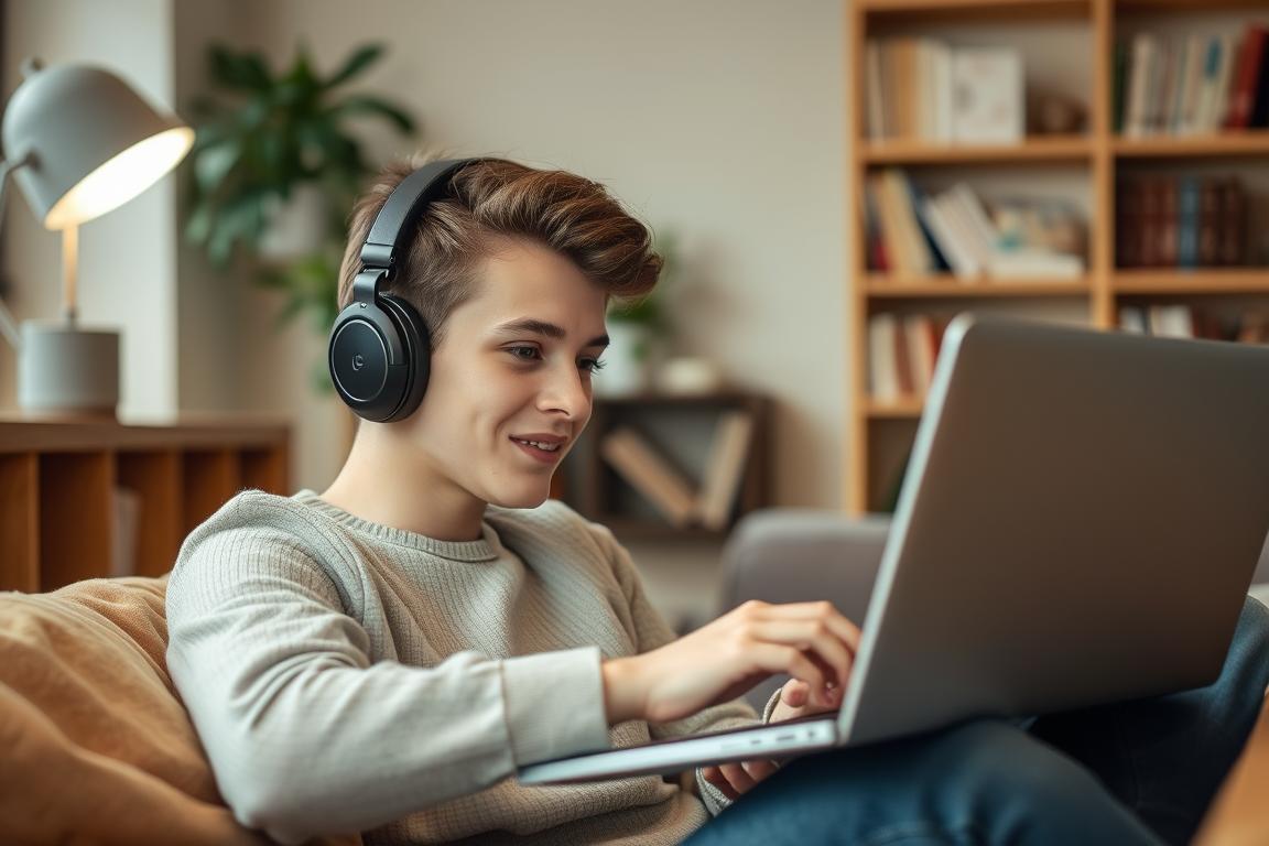 Generiere ein Bild von einem Studenten, der Deezer auf seinem Laptop hört. Generiere ein Bild von einem Studenten, der Deezer auf seinem Laptop hört.