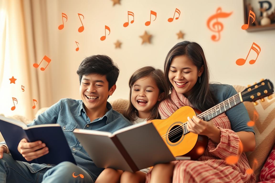 Generiere ein Bild von einer Familie, die gemeinsam Musik hört Generiere ein Bild von einer Familie, die gemeinsam Musik hört