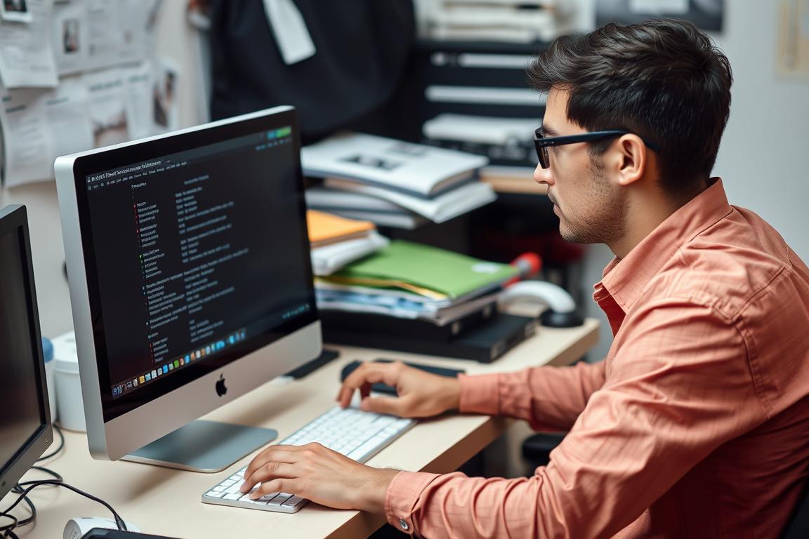 Generiere ein Bild von einer Person, die vor einem Computer sitzt und eine Datenrettungssoftware benutzt.