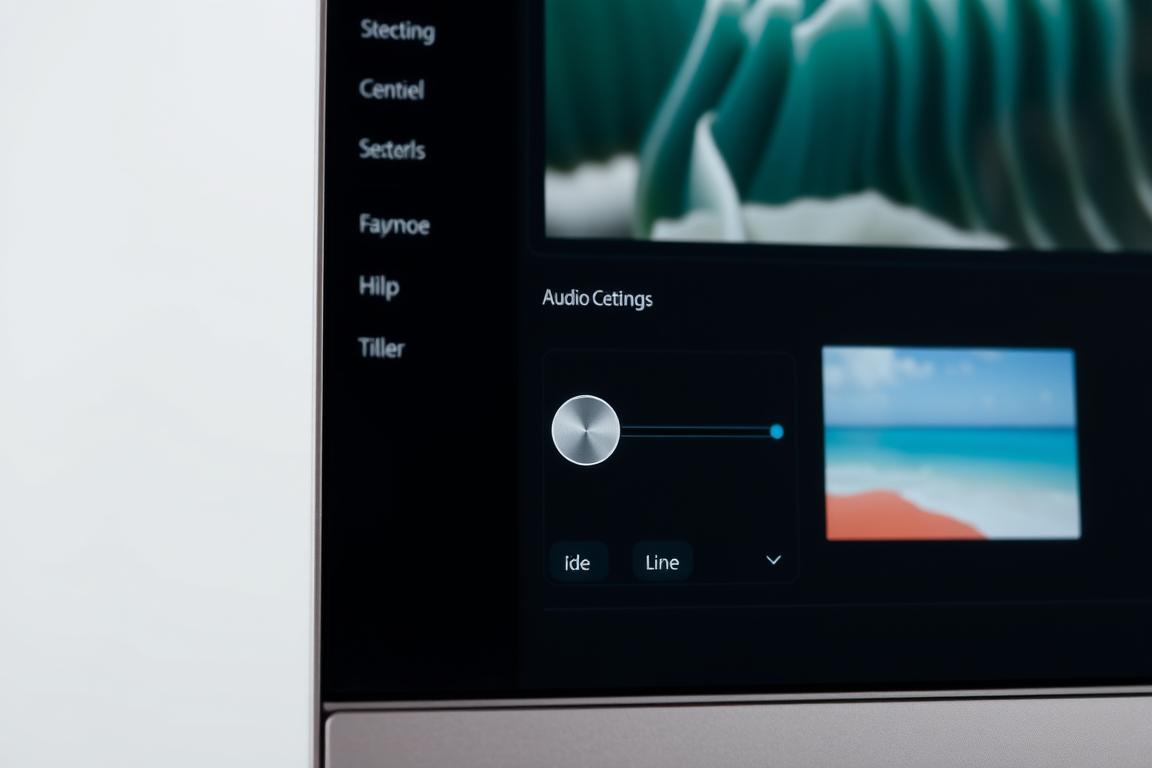 High-quality detailed close-up shot of the audio settings panel in Adobe Express, with the volume slider prominently featured in the center foreground. The interface is displayed in a clear, well-lit studio setting, with a matte, clean aesthetic. The background is blurred and out of focus, allowing the user interface to be the clear focal point. The lighting is soft and diffuse, creating an even, shadow-free illumination on the controls. The camera angle is positioned slightly above the interface, giving a natural, ergonomic perspective. The overall mood is professional, informative and visually striking, to effectively illustrate the step-by-step guide for adjusting audio export volume in Adobe Express.