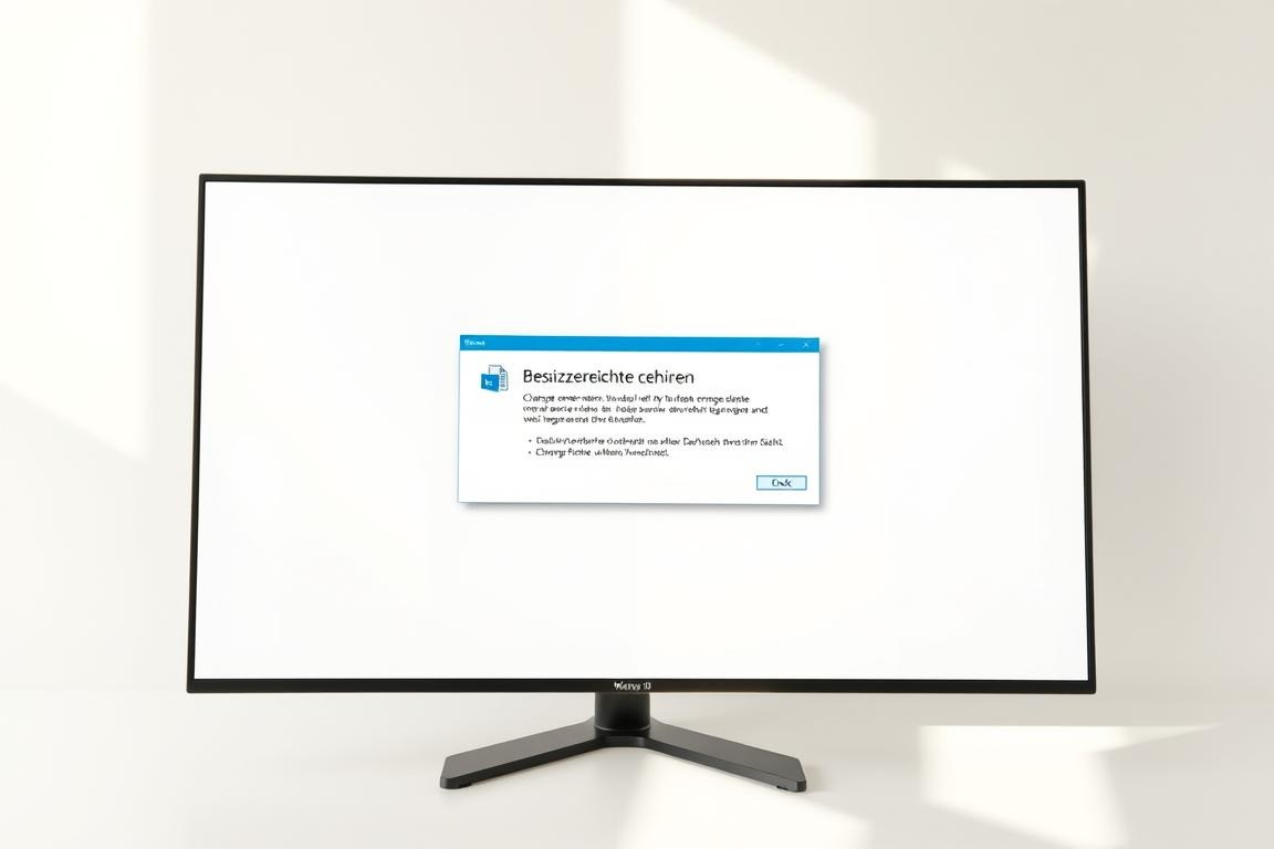 Photorealistic Windows 10 computer screen, showcasing the "Besitzerrechte ändern" (Change Owner) dialog window. The window is prominently displayed in the center, with a clean, minimalist background. The dialog window has a modern, intuitive interface with clearly labeled options and buttons. Soft, natural lighting illuminates the screen, creating a calm and professional atmosphere. The perspective is slightly elevated, giving a slight birds-eye view of the screen. The image conveys a sense of straightforward problem-solving and helpful guidance for the user.