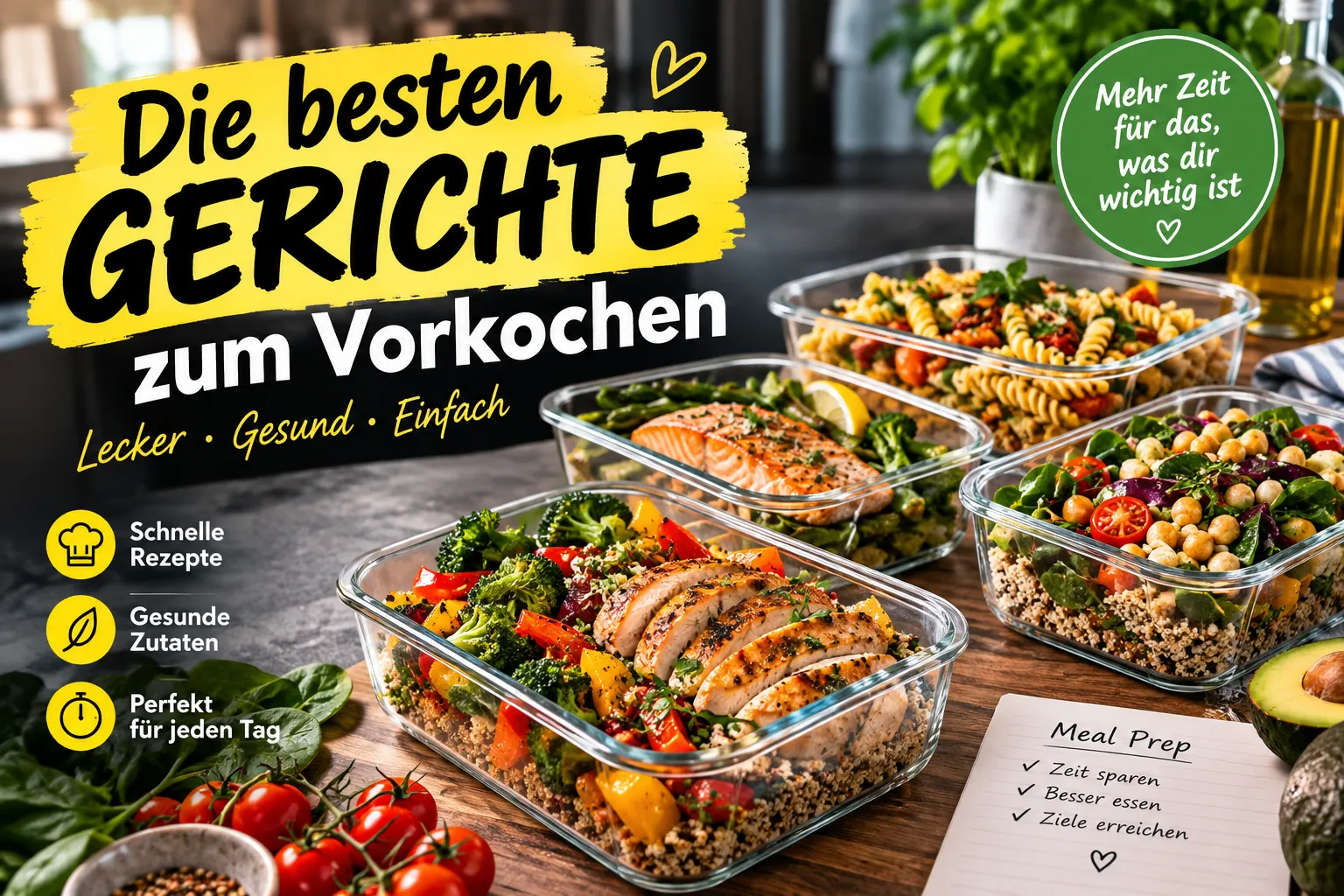 Die besten Gerichte zum Vorkochen (Meal Prep) 1 Professional hero image. Modern design, , , aesthetic. Background imagery relevant to: Die besten Gerichte zum Vorkochen