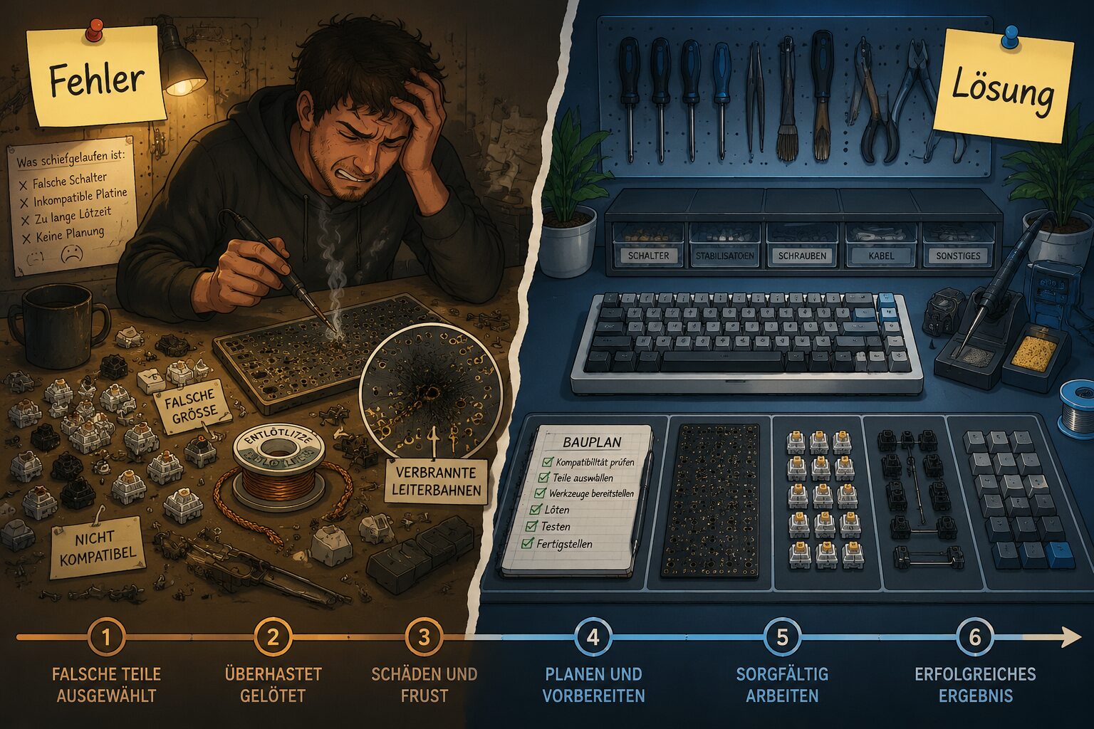 Split-scene () illustration showing a timeline of custom keyboard build mistakes: left side shows a disorganized workspace