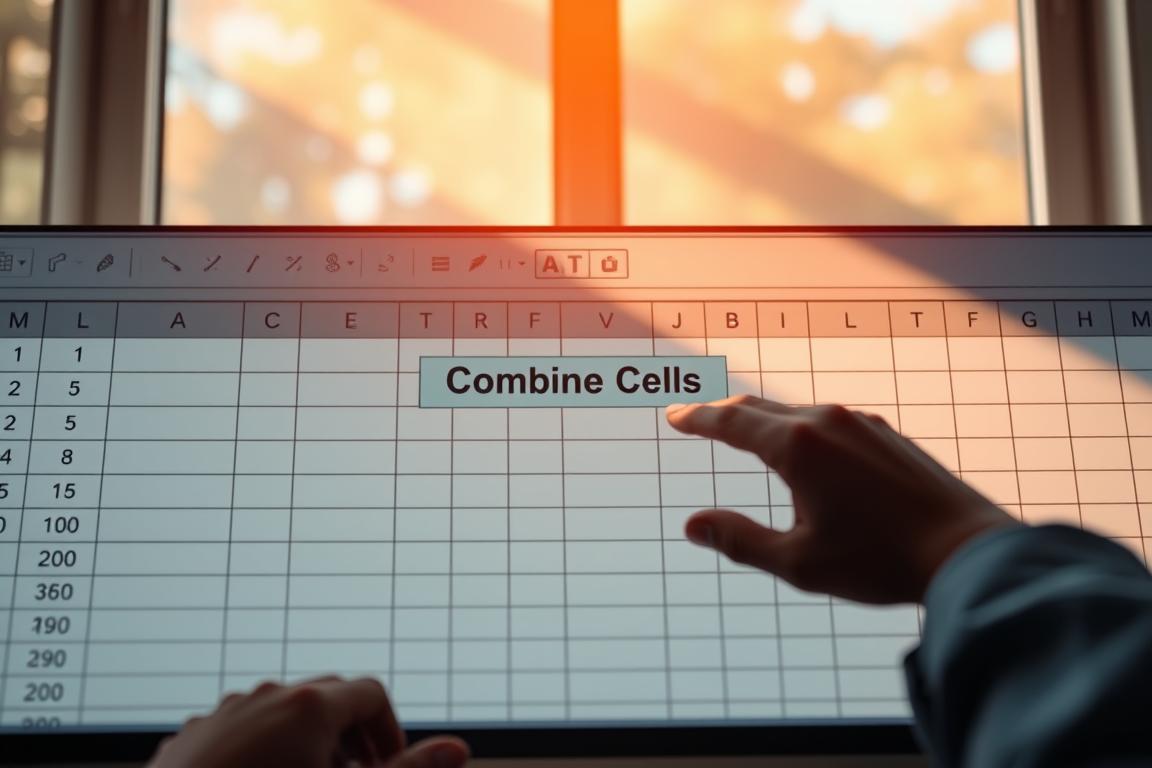 Spreadsheet software interface with a grid of cells, the focus on the "Combine Cells" command in the toolbar. Warm lighting from a large window illuminates the workspace, casting soft shadows. The interface has a clean, modern design with a minimalist color palette of greys, whites, and blues. The cells are arranged in a symmetrical grid, highlighting the process of merging data from multiple cells into a single unified result. The user's hands are not visible, emphasizing the software's functionality. The overall mood is one of productivity, efficiency, and attention to detail.