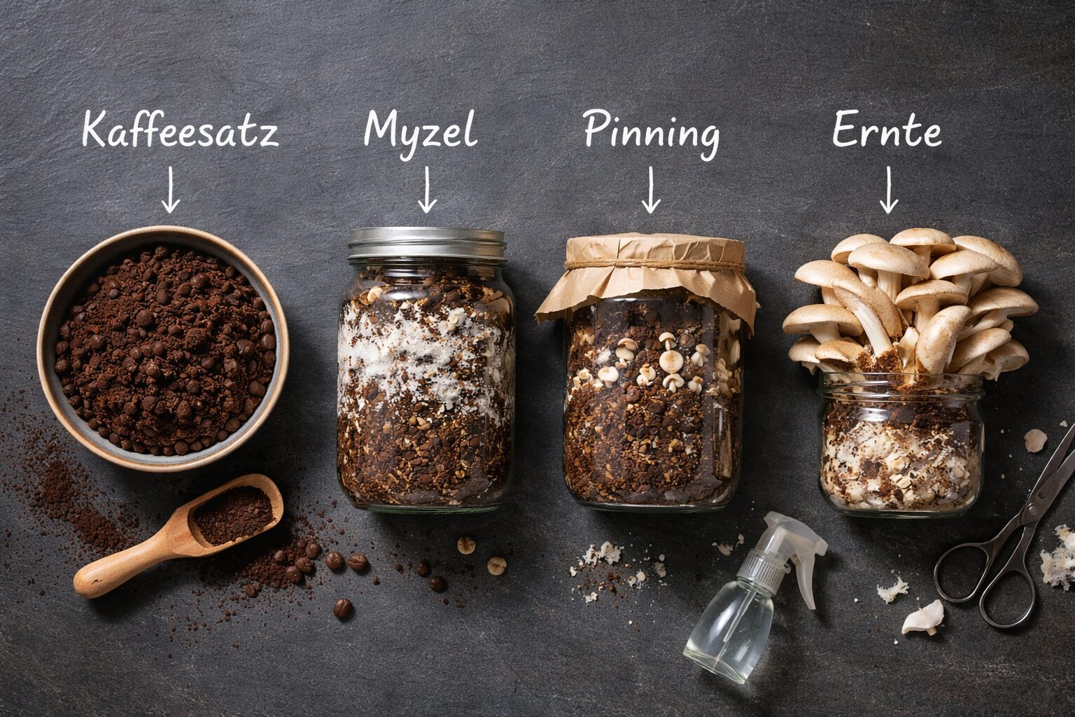 Step-by-step flat lay composition showing the complete Austernpilz-Kaffeesatz cultivation process: four stages arranged left