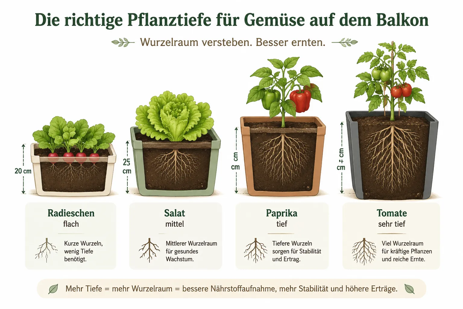 Die besten Gemüsesorten für den Balkon 2 Wie viel Platz und wie tief müssen Töpfe für Gemüse sein?
