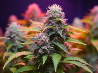 Auf dem Bild ist eine Nahaufnahme einer blühenden Cannabispflanze mit lila Blüten und grünen Blättern zu sehen.
