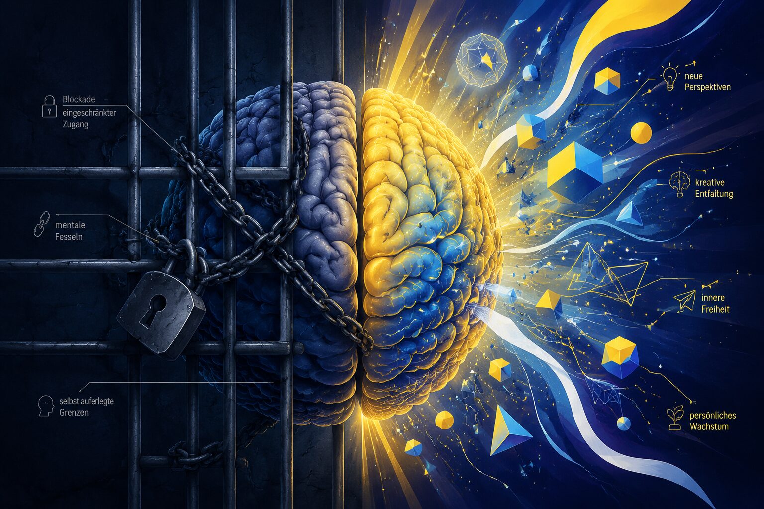 () conceptual illustration showing a human brain split into two halves: one side locked behind iron bars with chains