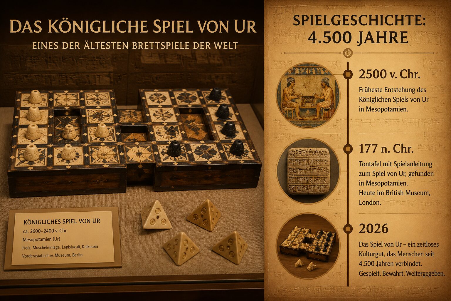 () detailed split-scene illustration showing the Royal Game of Ur wooden board with its distinctive rosette squares and