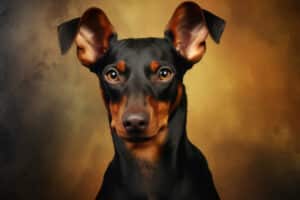 Ein Porträt eines Dobermanns mit aufmerksamen Ohren und ausdrucksstarken Augen vor einem goldenen Hintergrund.