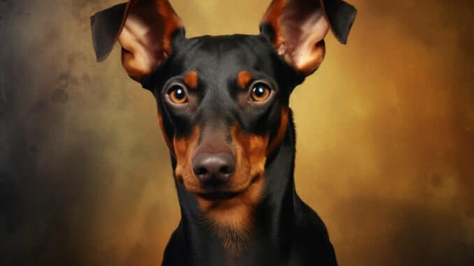 Ein Porträt eines Dobermanns mit aufmerksamen Ohren und ausdrucksstarken Augen vor einem goldenen Hintergrund.