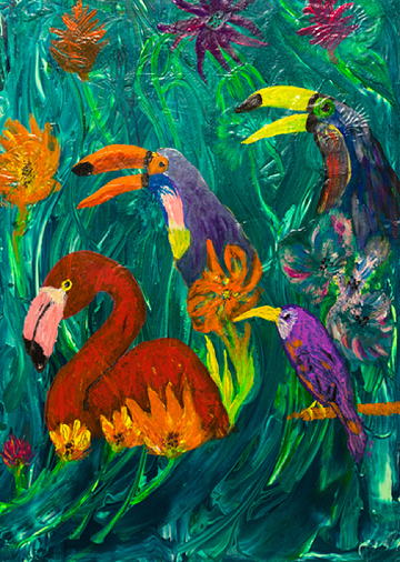 Ein farbenfrohes Gemälde mit exotischen Vögeln und Blumen auf grünem Hintergrund.