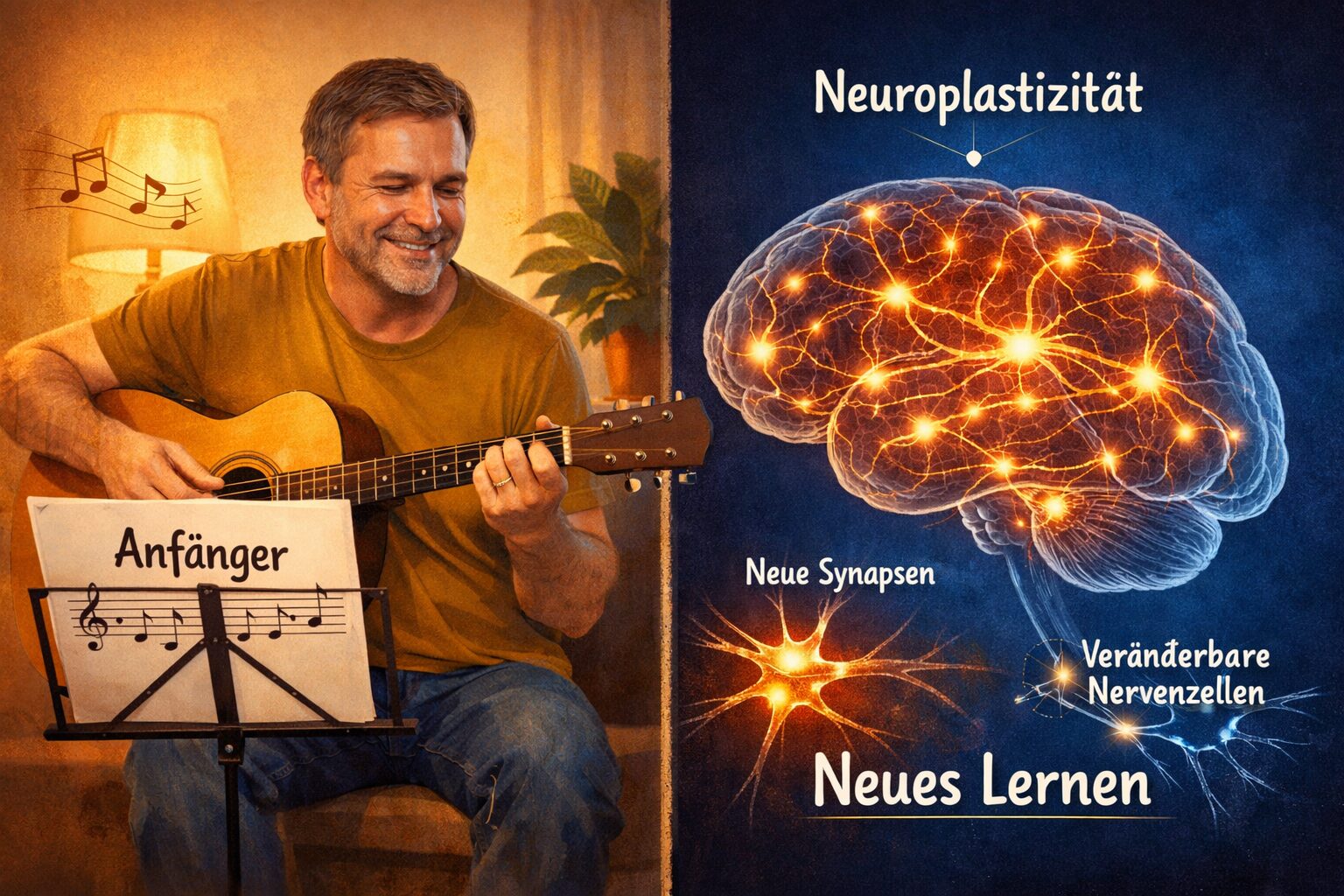 () editorial illustration showing a split-scene concept: on the left, a 45-year-old man learning to play guitar with sheet