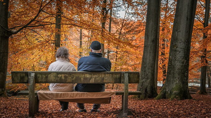 Zwei Personen sitzen auf einer Bank und betrachten den herbstlichen Wald mit orange gefärbten Blättern.