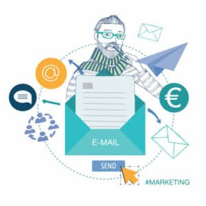 Eine Illustration zeigt eine Person, die neben verschiedenen Symbolen für E-Mail-Marketing, wie Briefumschläge und Währungszeichen, sitzt.