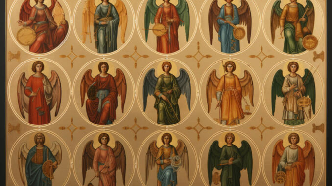 Ein Gemälde mit zwölf ikonischen Darstellungen, vermutlich von Heiligen, mit symbolischen Attributen in traditionell orthodoxem Stil.