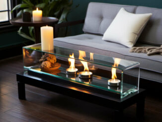 Ein moderner Wohnraum mit einem Tischkamin, Kerzen, einem grauen Sofa und einer gemütlichen Decke.