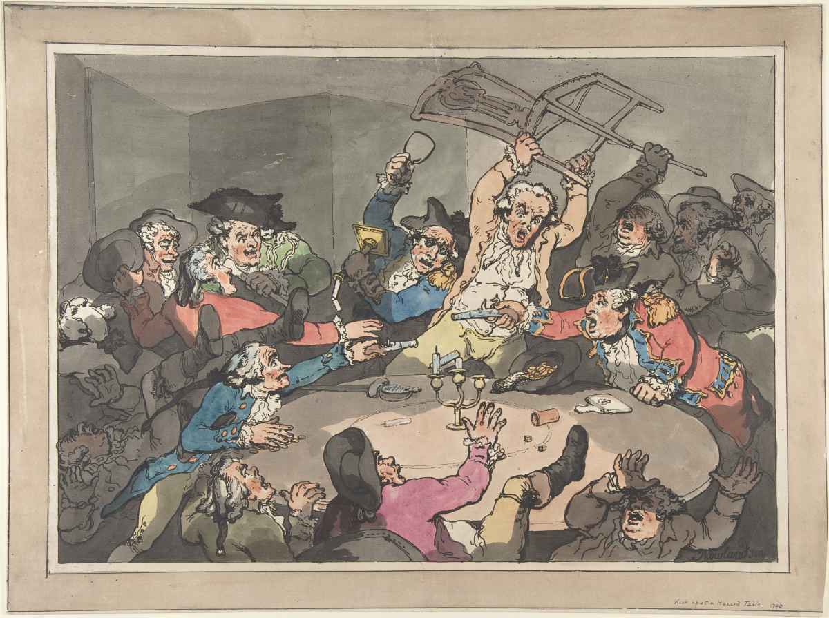 Männer aus verschiedenen Gesellschaftsschichten treffen sich zum Hazard-Spielen. Thomas Rowlandson "Kick Up at a Hazard Table" 1787
