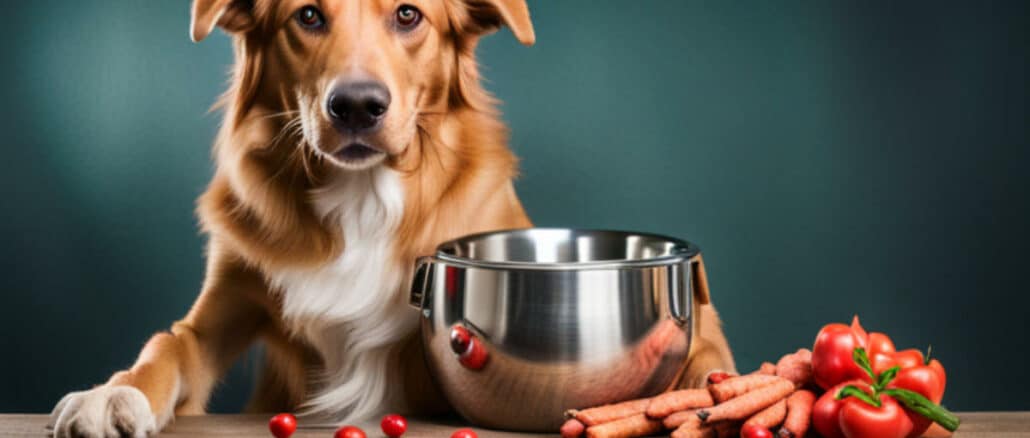 Ein Hund schaut neben einem Futternapf mit Gemüse und Würstchen von einem Tisch herunter.