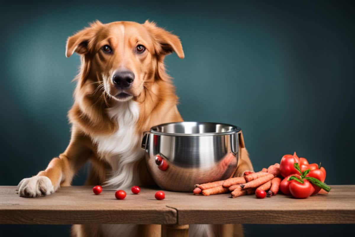 Ein Hund schaut neben einem Futternapf mit Gemüse und Würstchen von einem Tisch herunter.