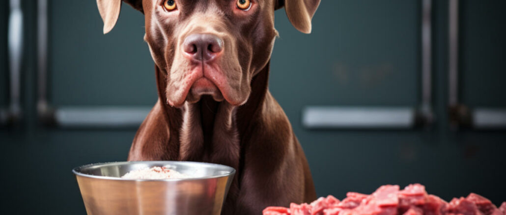 Ein brauner Hund schaut hungrig auf eine Schüssel und einen Teller mit rohem Fleisch.