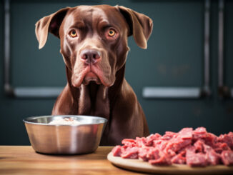 Ein brauner Hund schaut hungrig auf eine Schüssel und einen Teller mit rohem Fleisch.