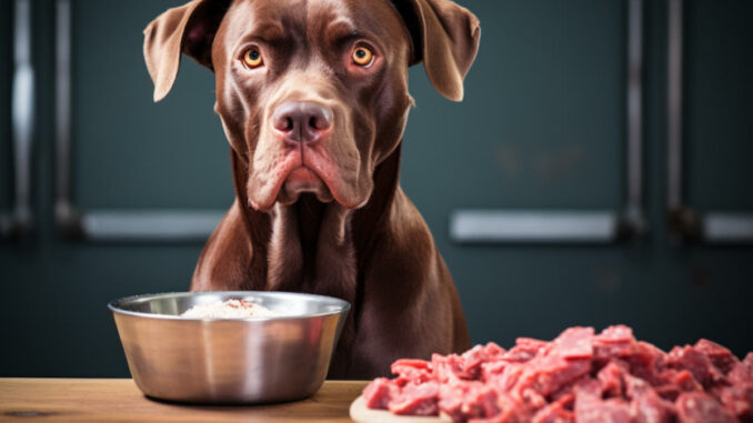 Ein brauner Hund schaut hungrig auf eine Schüssel und einen Teller mit rohem Fleisch.
