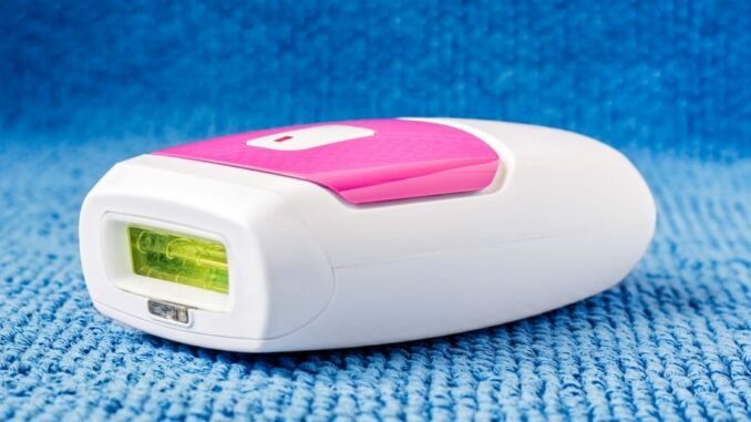 Ein tragbares, weiß-pinkes Epiliergerät liegt auf einer blauen Textiloberfläche.