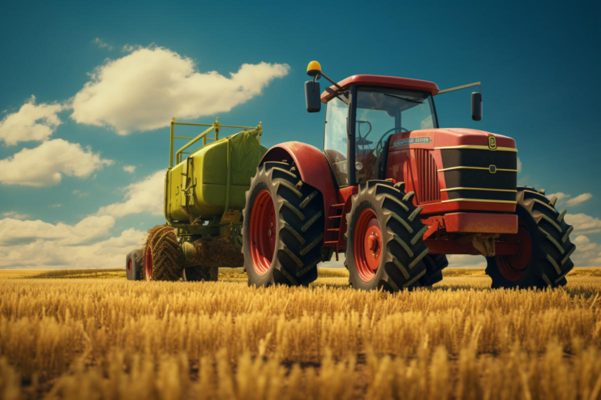 Ein roter Traktor zieht eine grüne Anhängerspritze über ein goldgelbes Getreidefeld unter blauem Himmel mit Wolken.