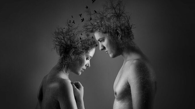 Zwei Personen stehen sich mit verschlungenen Baumästen als Haare gegenüber, aus denen Vögel fliegen, in einem monochromatischen Bild.
