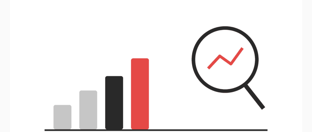 Balkendiagramm mit ansteigenden Säulen und eine Lupe mit Kurvenverlauf als Symbol für Online-Marketing und Web-Analyse