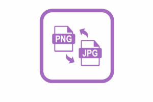 Ein Symbol zeigt die Konvertierung von PNG- zu JPG-Dateiformaten mit Pfeilen zwischen beiden.