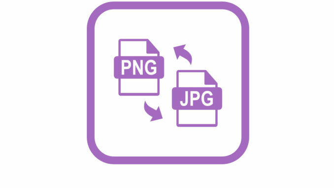 Ein Symbol zeigt die Konvertierung von PNG- zu JPG-Dateiformaten mit Pfeilen zwischen beiden.