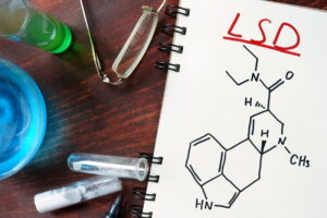 Ein Notizbuch mit der chemischen Strukturformel von LSD, umgeben von Reagenzgläsern und einer Brille auf einem Holztisch.
