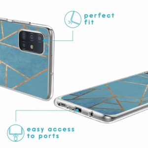 Ein Smartphone in einer Hülle mit geometrischem Design, hervorgehoben durch Merkmale wie perfekte Passform und einfachen Zugang zu Anschlüssen.