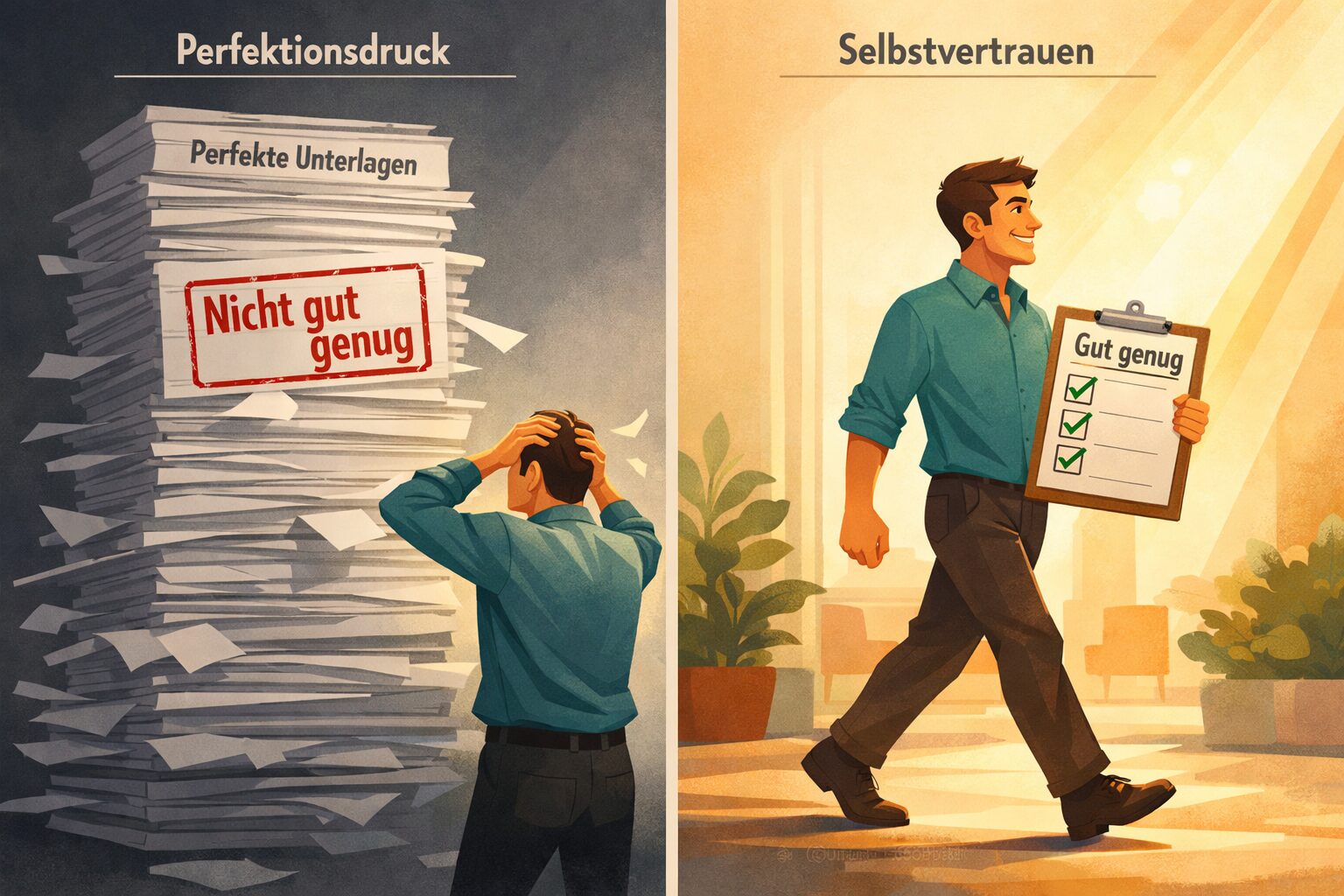 () showing a split-scene: on the left, a stressed figure paralyzed before a towering stack of 'perfekte' documents with a