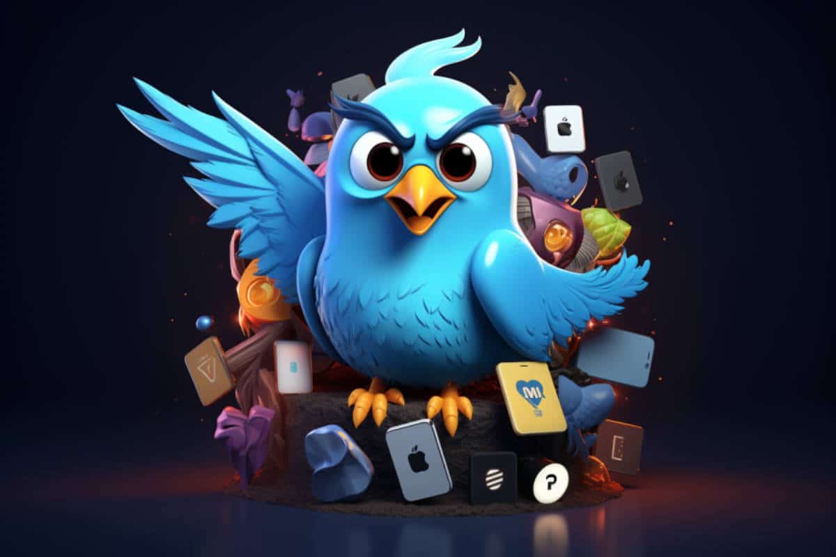 Ein stilisierter blauer Vogel umgeben von bunten Symbolen und Icons, die soziale Medien und Technologie repräsentieren, auf dunklem Hintergrund.