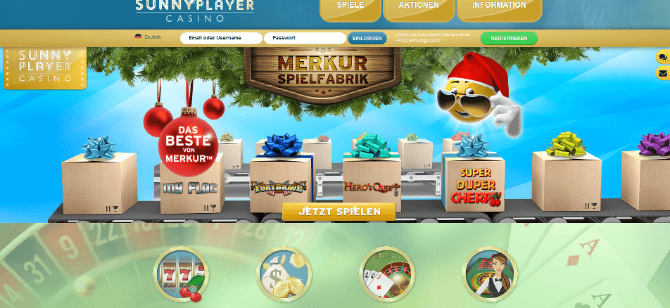 Die Webseite des Sunnyplayer Casinos zeigt Spielkategorien, Werbeaktionen und blinkende Banner mit einem Weihnachtsthema.